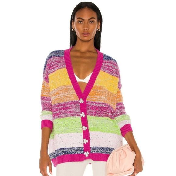 Olivia Rubin Mika Cardigan Sweater in Multicolor Stripe Silver Sequin Size Large - Picture 4 of 14